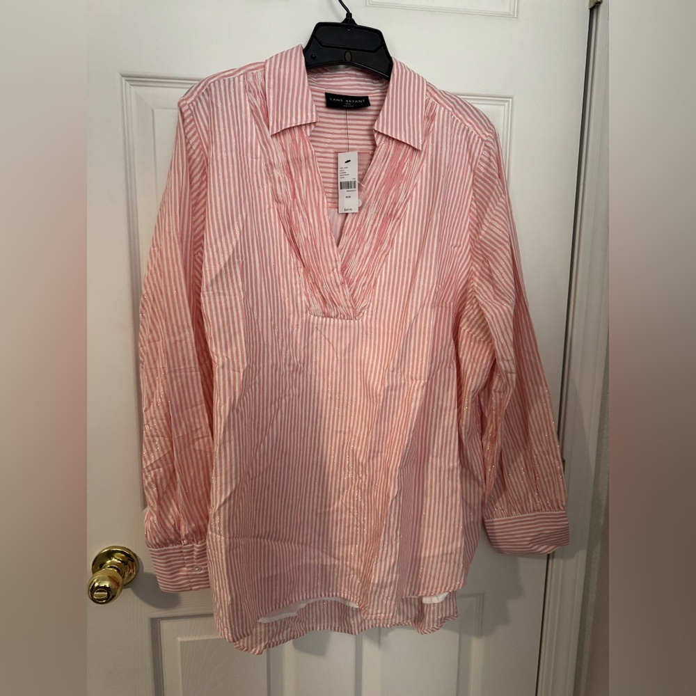 Lane Bryant Pink and White Striped with Gold Accents Blouse